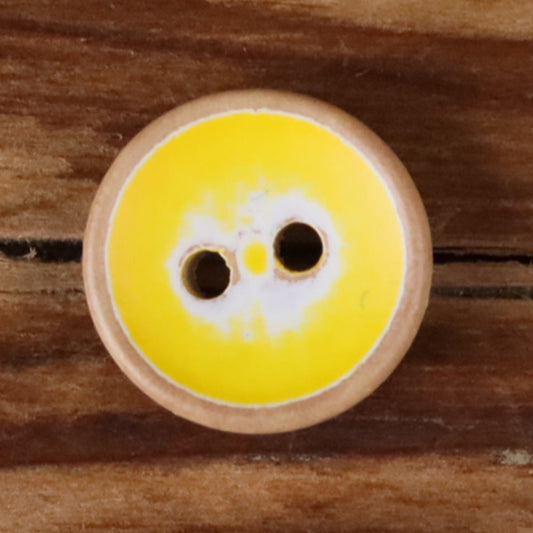 Round iridescent wood button, bright yellow, two holes