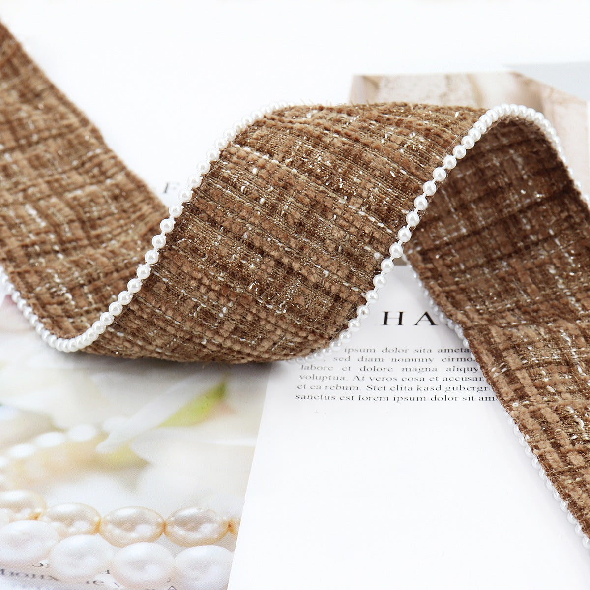 Brown checkered flannel ribbon with white bead edge, 38 mm width