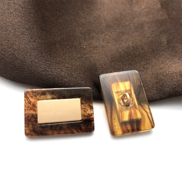 Rectangular coffee resin buttons with metal shank, dark tortoise and amber tones, 2 pcs shown