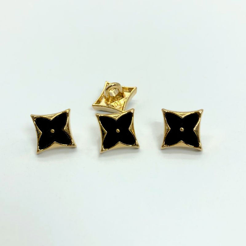Black enamel rhombus four-leaf clover shirt buttons with gold rim, metal shank (front views)