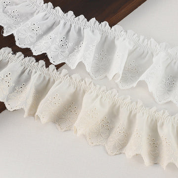 Off-white cotton pleated lace trim with butterfly embroidery and gathered ruffle edge