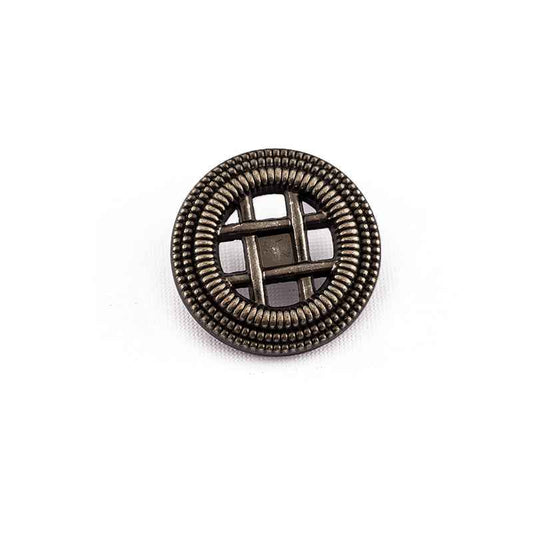 Round antique silver matte metal shank button with woven border and cross grille, front view.