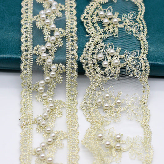 Gold Beaded Organza Embroidered Lace Trim 15 Yards Ribbons