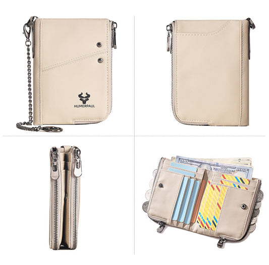 RFID Blocking Leather Short Wallet with Double Zipper