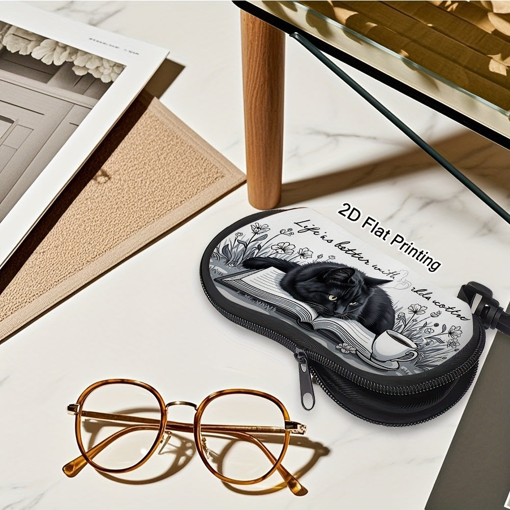 Coffee Cup & Black Cat Glasses Case Eyewear Pouch with Keychain 2pcs