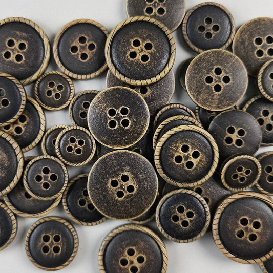 Round 4-hole dark brown button with tan stitched edge, vintage style
