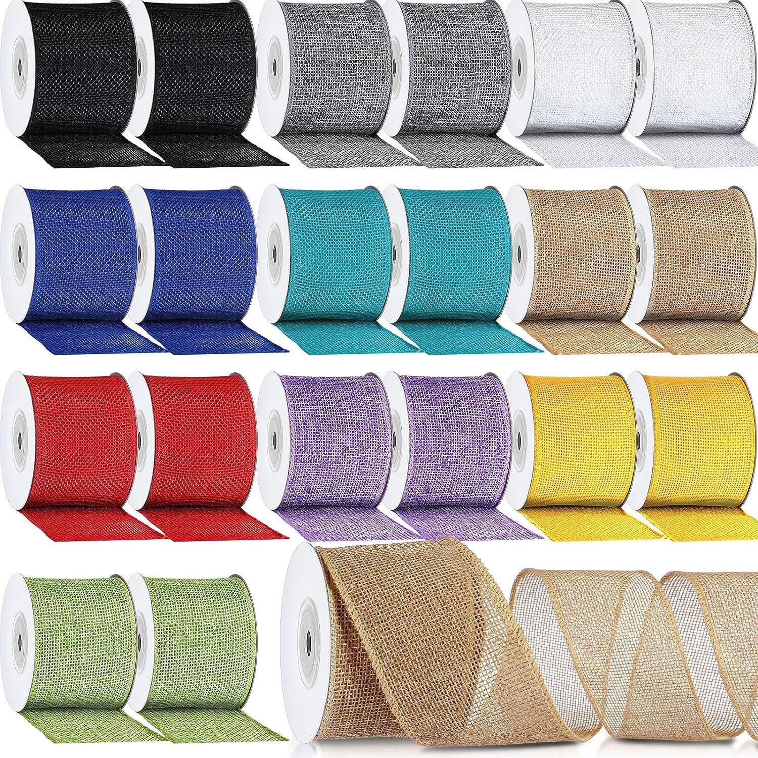 Assorted solid cotton ribbon garden ties on spools: dark orange, black, blue, green, beige, red