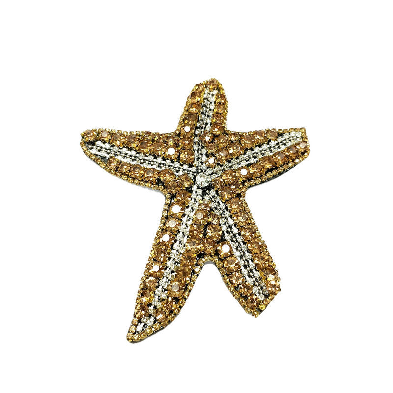 Gold and silver rhinestone starfish embroidered patch with sparkling accents