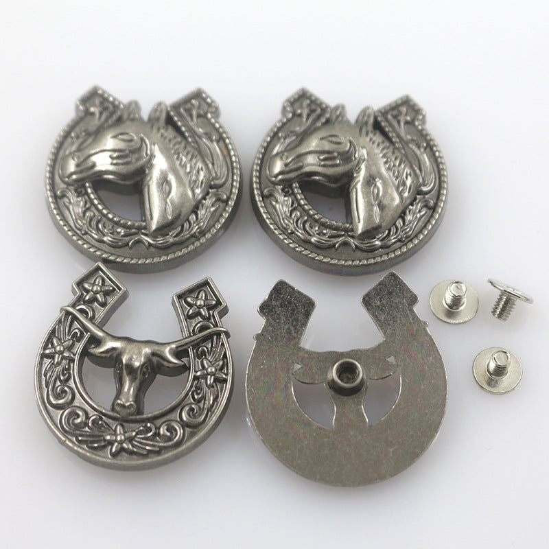 27mm vintage cow horsehide snap buttons, ornate metal, with screws and backs—50 pack