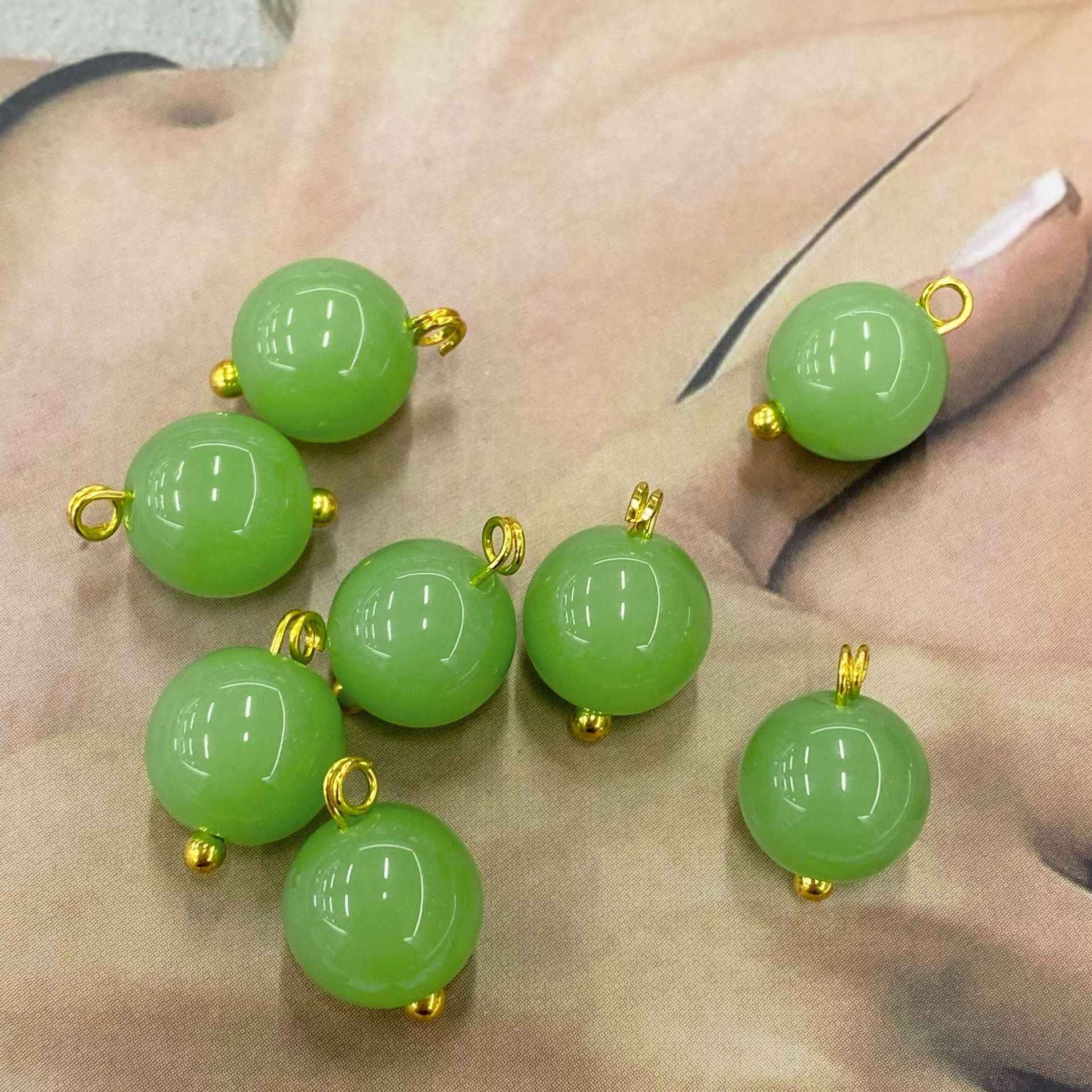 Natural jade buttons, light green tones, gold loops, 10mm round Chinese style