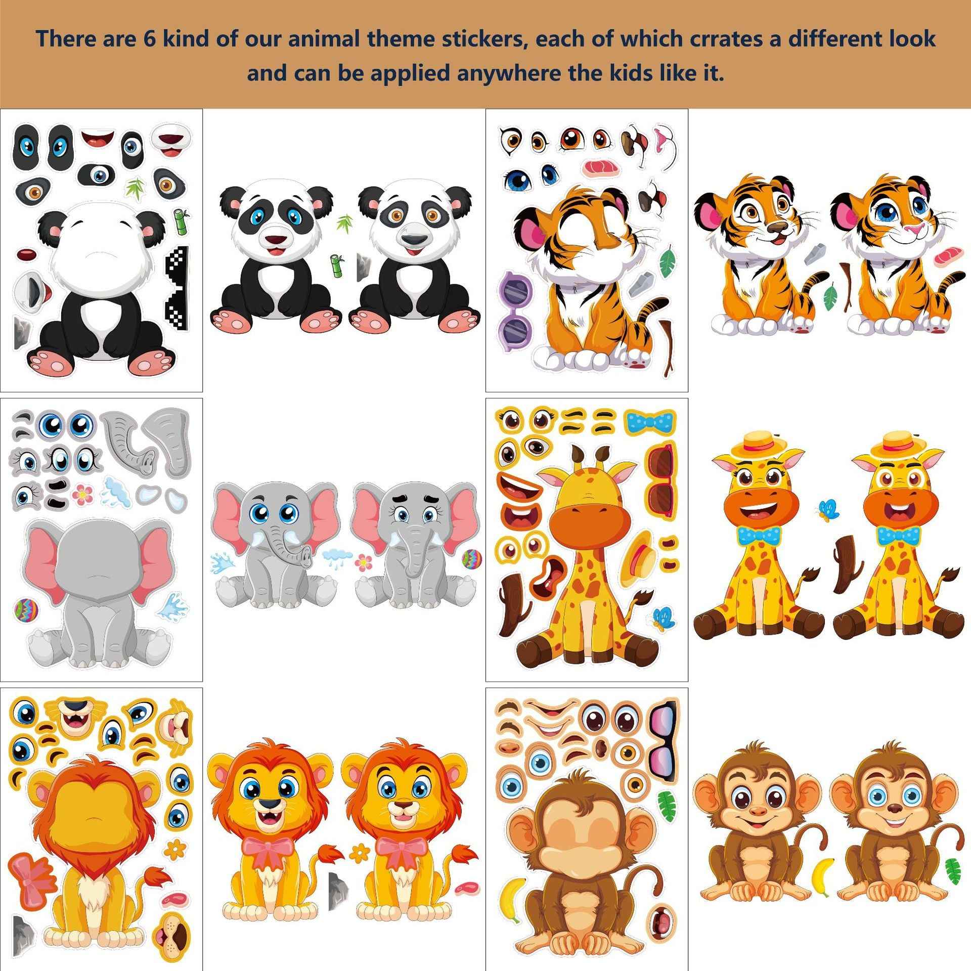 Make a Face Cartoon Animals Stickers for Kids 24 Sheets