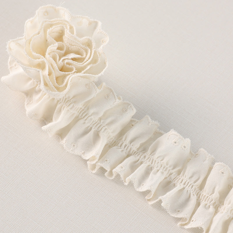 Ivory 3D cotton lace trim with rosette detail and pleated ruffle bands, double-sided