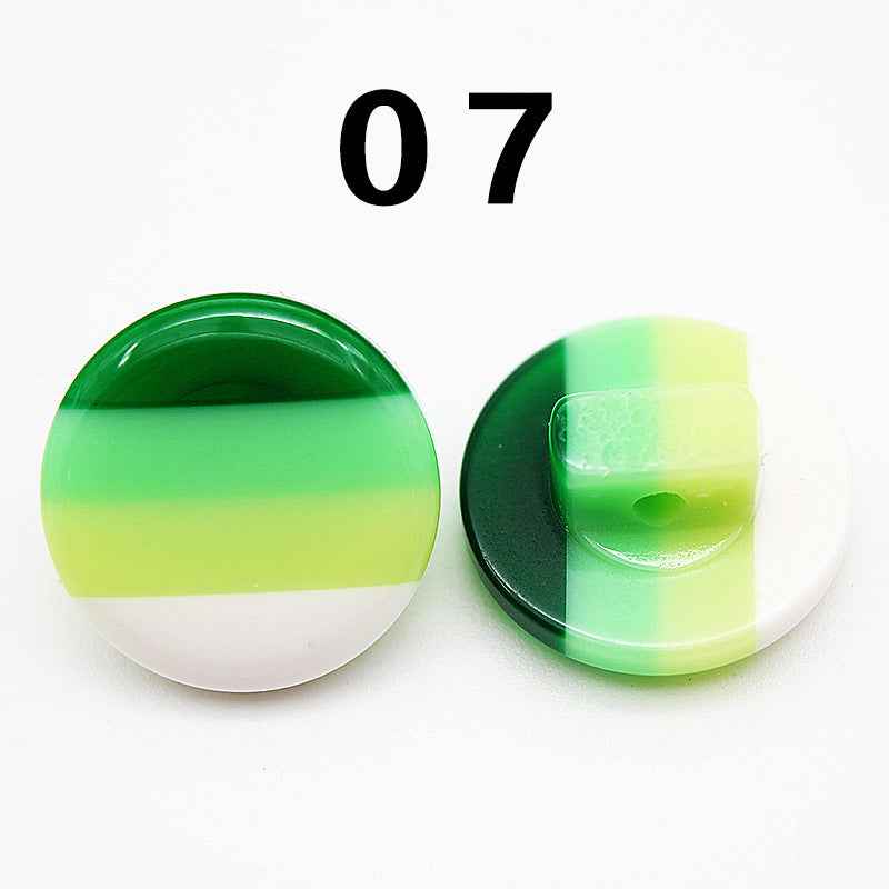 Color 07: green-to-lime striped resin shirt button, round shank, front and back.