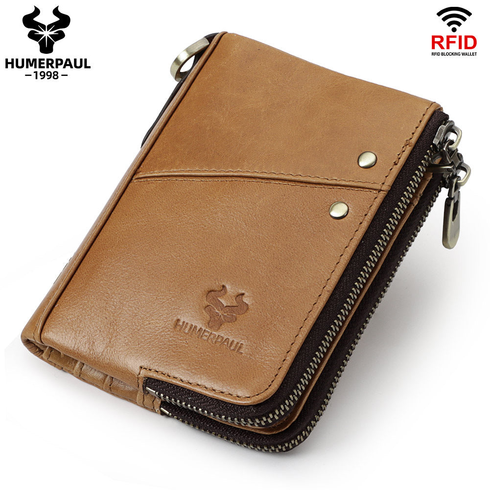 RFID Blocking Leather Short Wallet with Double Zipper Light Brown