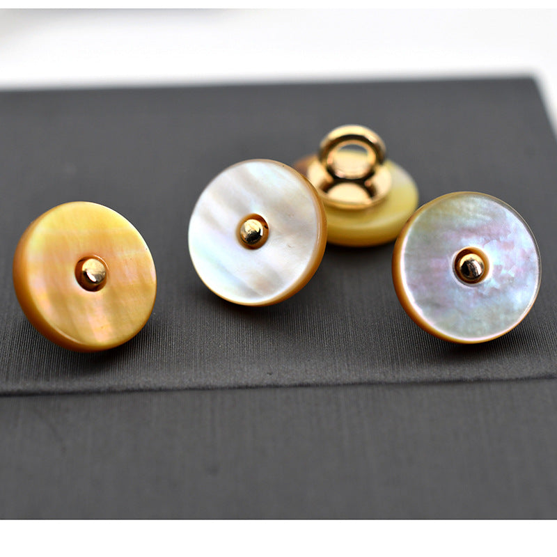 Amber, white and iridescent shell round buttons with metal shank, set of 3