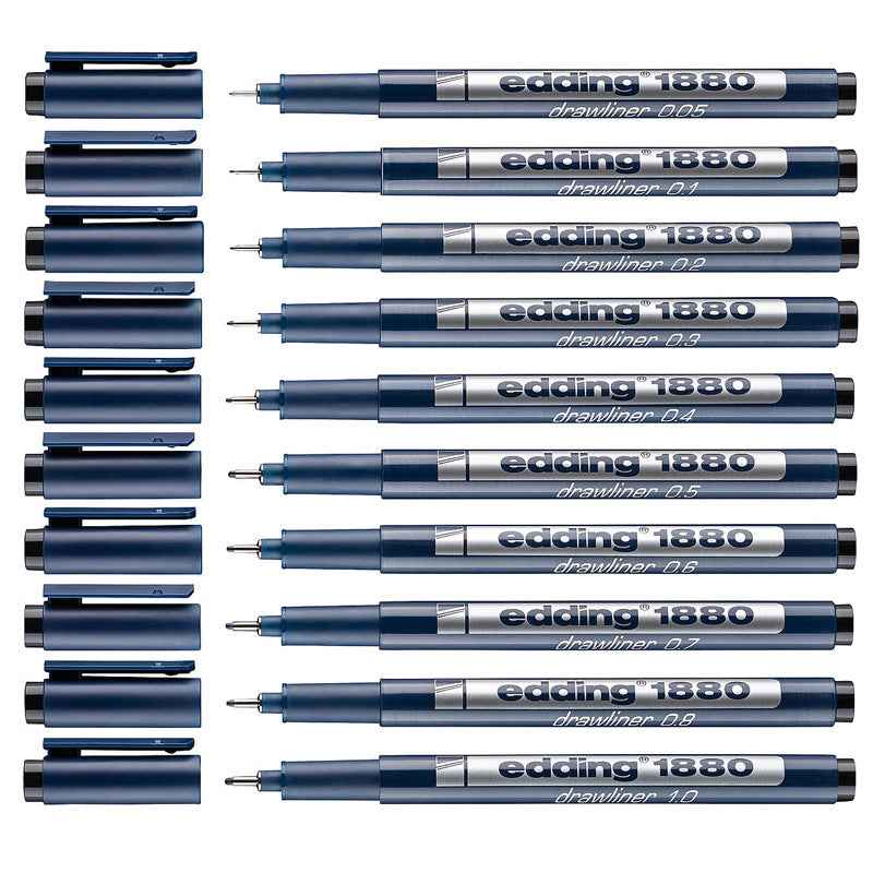 Edding 1880 Drawliner Fineliner Technical Pen Set,10 Count Black Ink