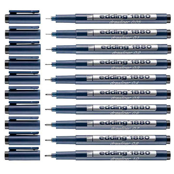 Edding 1880 Drawliner Fineliner Technical Pen Set,10 Count Black Ink