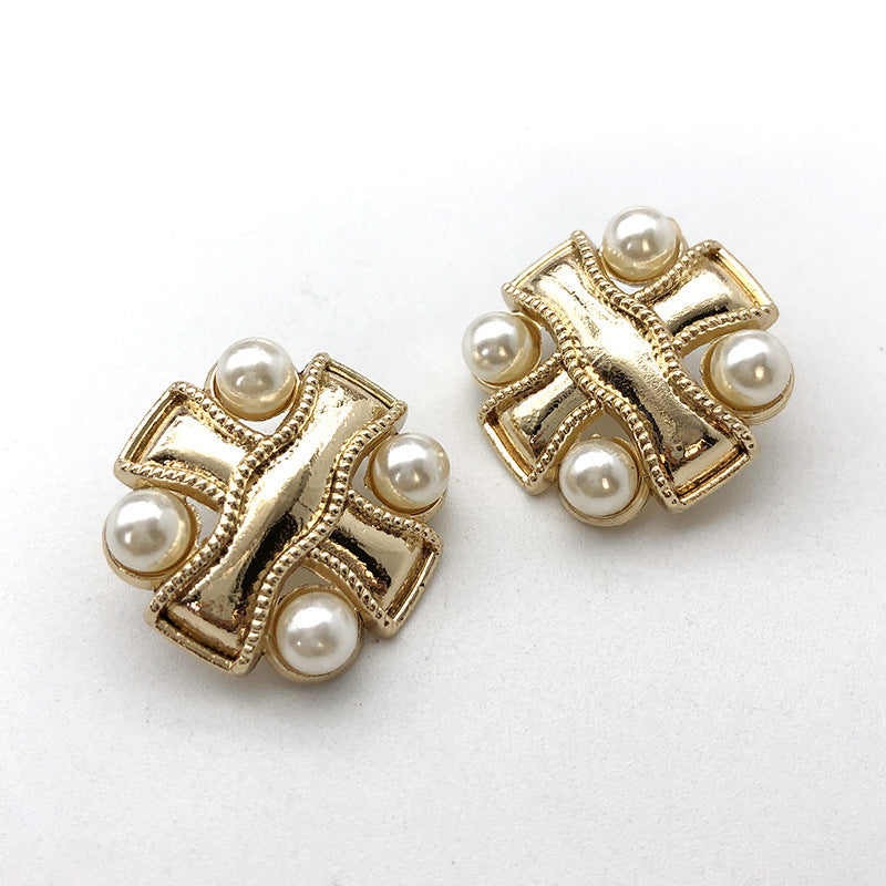 Gold cross sewing buttons with white pearl beads and metal shank