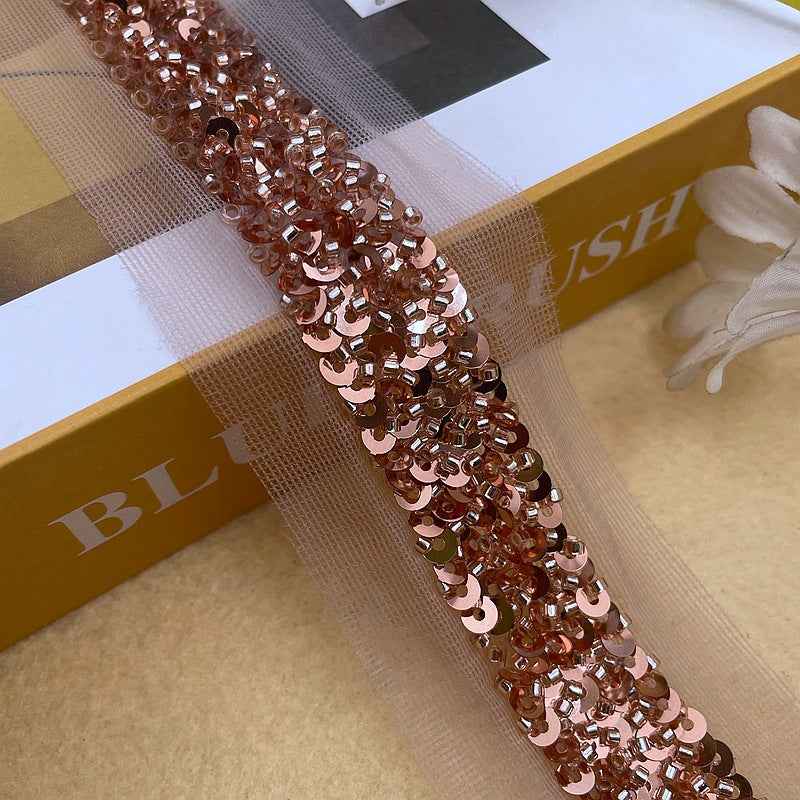 2cm rose gold mesh sequin lace trim, beaded sequins on sheer mesh, 5 yards