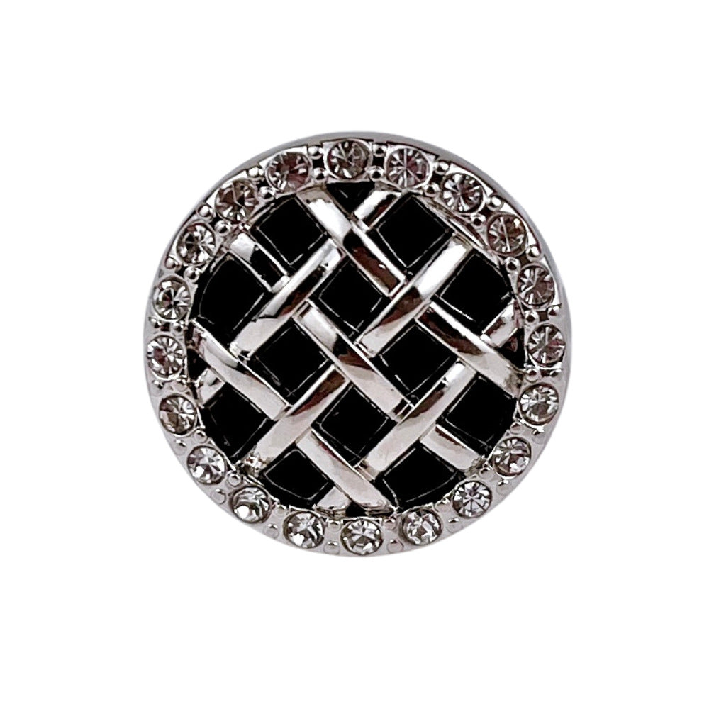 Silver-tone round metal shank button with black grid and clear rhinestones