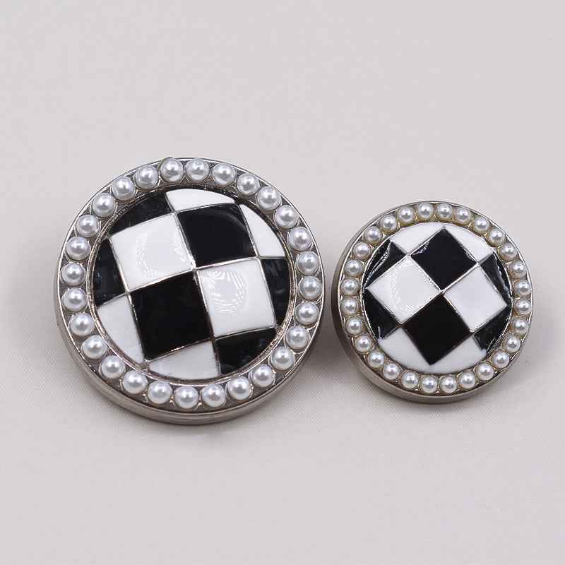 Round black-and-white checkered metal shank buttons with pearl rim, silver tone, 2-pack