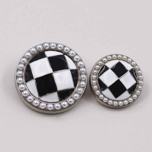 Round black-and-white checkered metal shank buttons with pearl rim, silver tone, 2-pack