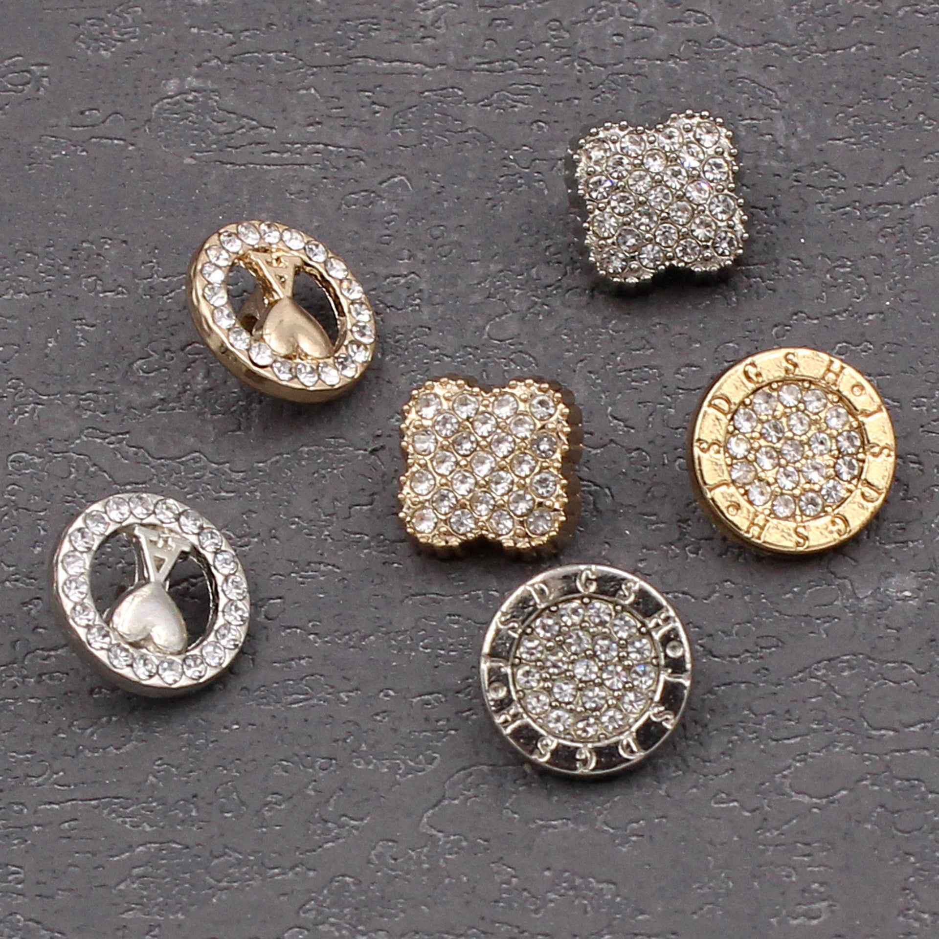 11mm rhinestone shirt buttons in gold and silver, round cluster styles with shank backs