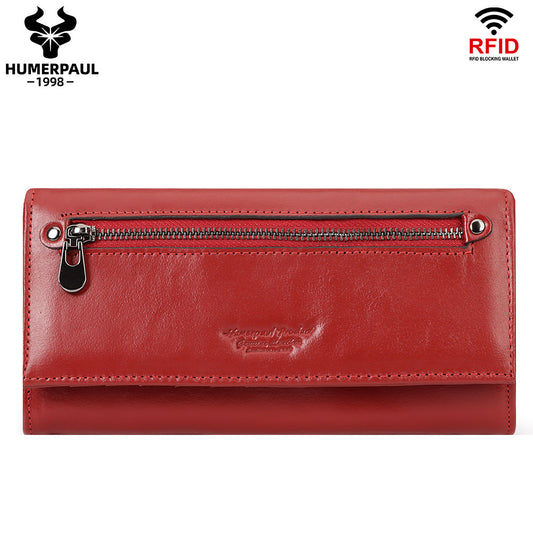 RFID Blocking Genuine Leather Long Clutch Wallet for Women Red