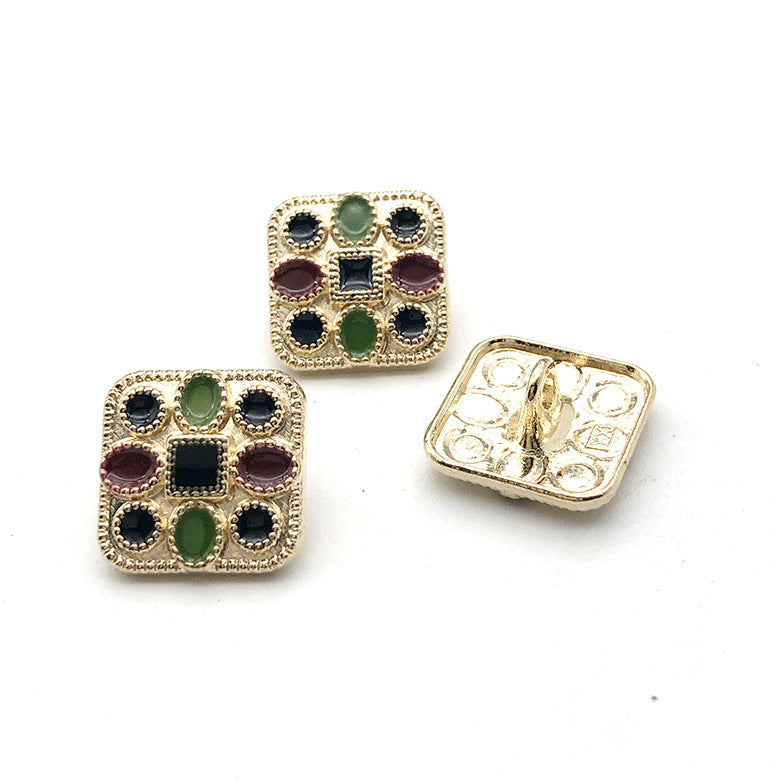Square metal shank buttons, gold-tone with mosaic stones in green, blue, red and black
