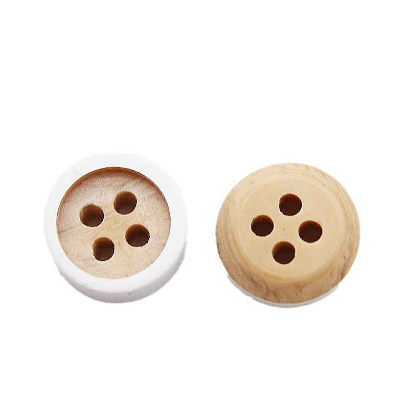 Pair of round 4-hole resin buttons, wood-grain tones—light tan and darker brown
