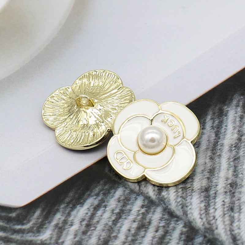 Pearl petal metal shank button, white enamel petals with gold trim and center pearl