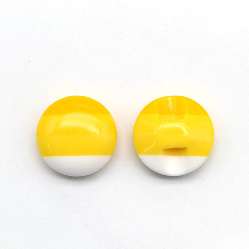Round resin buttons with hidden hole, solid yellow top and white bottom band