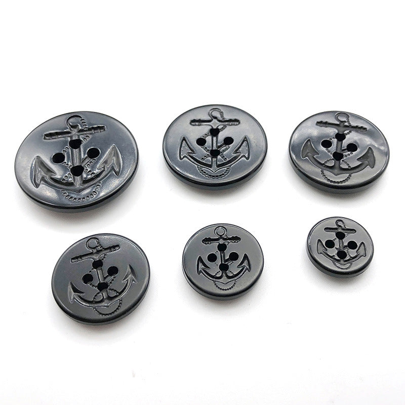 Round 4-hole nautical anchor coat buttons, black with metal anchor emblem set