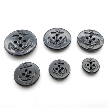 Round 4-hole nautical anchor coat buttons, black with metal anchor emblem set
