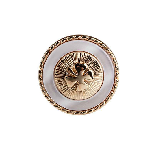 White resin button with four-leaf clover design, gold border and metal shank