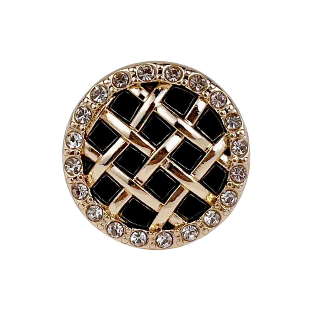 Gold-tone round metal shank button with black grid and rhinestone border
