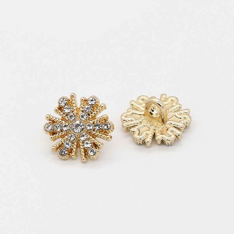 Schneeflocken-Strassknopf in Goldfarbe, Vorder- und Rückseite mit Metallstiel