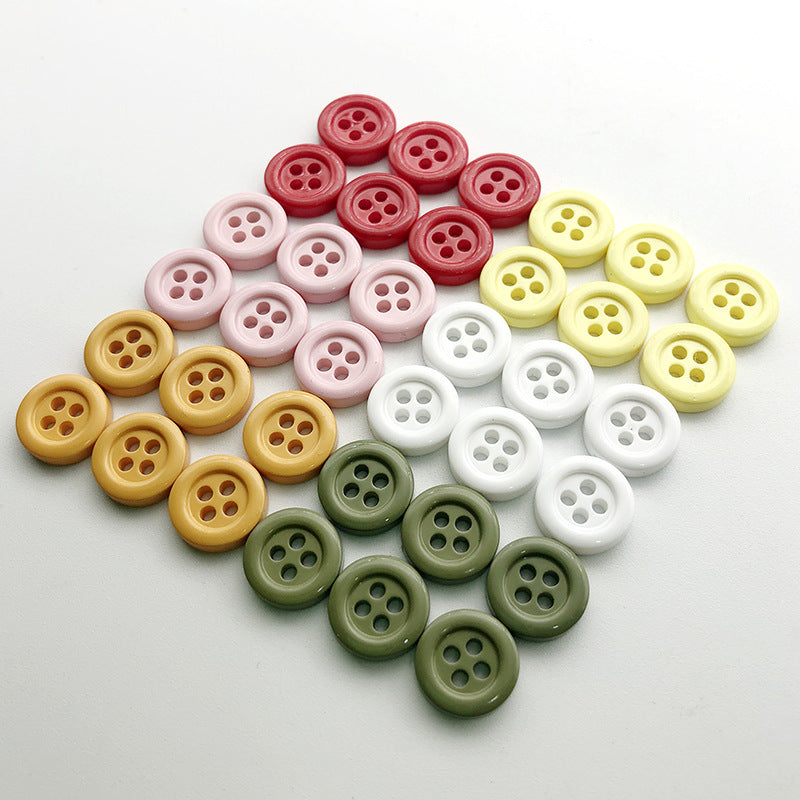 11.5mm round four-hole buttons set: pink, red, yellow, white, tan and olive green.