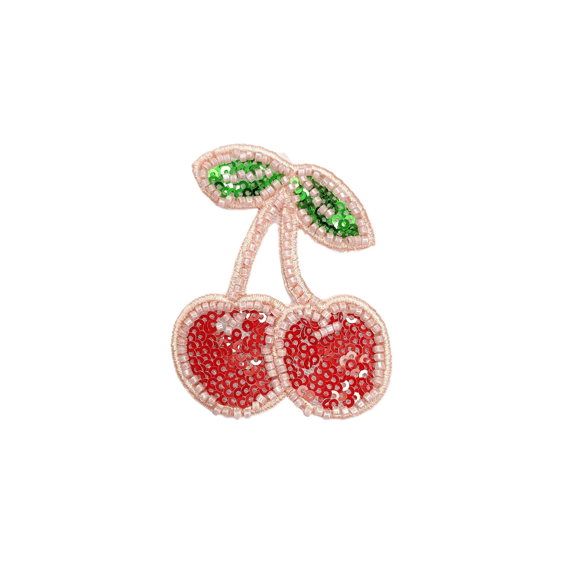 Pink cherry pair appliqué with green leaf accents and sparkling sequin trim