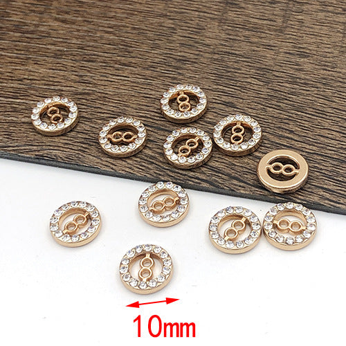 10mm gold round hollow button, number 8 pattern, rhinestone edge, 20 pcs