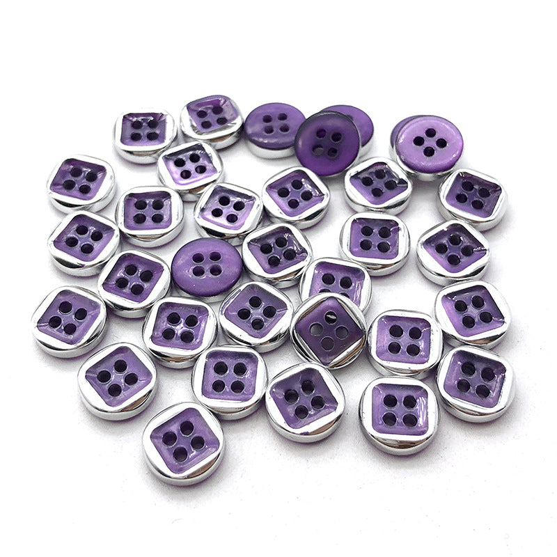 Round 4-hole pearlized resin buttons in purple tones, scattered (10mm)