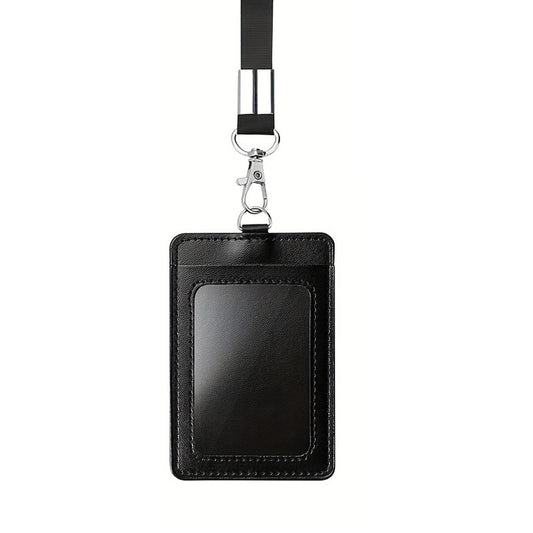 Black PU Leather ID Card Holder Set of 10 | Work Badge & Access Card Sleeve with Lanyard or Retractable Reel Clip Lanyard