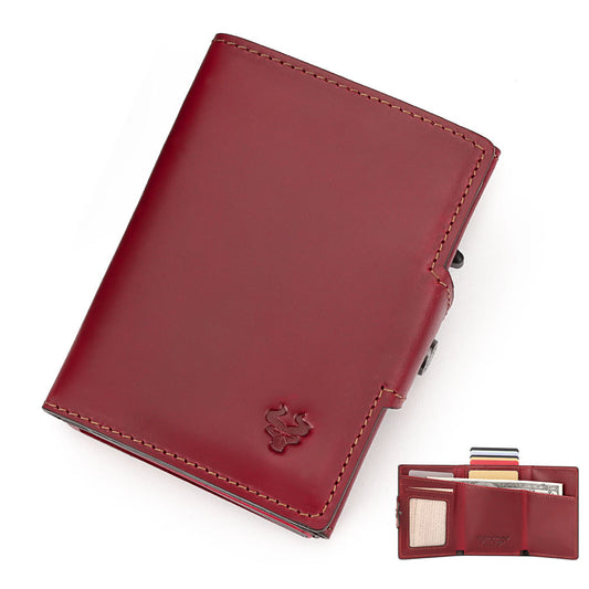 Waxed Leather Wallet Coin Purse,Auto-Eject RFID Metal Card Case Red