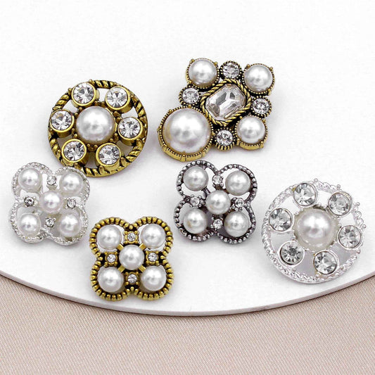 Baroque pearl & rhinestone buttons set: gold and silver round designs with sparkles