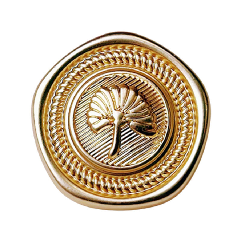 Bronze-gold pentagon metal button with apricot leaf crest and textured outer border