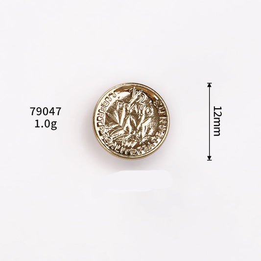 Gold tone round button with embossed coin design, 12mm metal shank