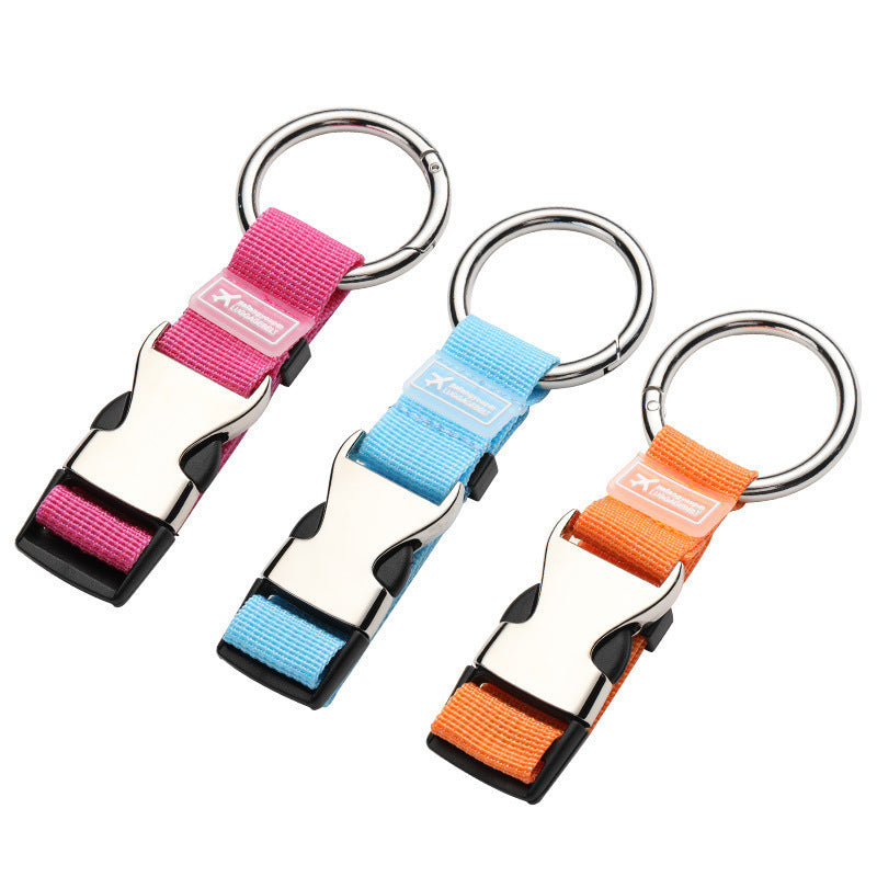 Travel luggage add-a-bag strap set with ring hooks and buckle, pink, blue, orange webbing