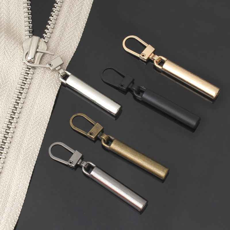 Slim metal zipper pull replacements with loop hooks, 50x6mm; chrome, brass, and black