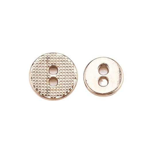Runde 2-Loch Metallknöpfe, goldfarbener Flachknopf mit gepunkteter Struktur, 8–10 mm