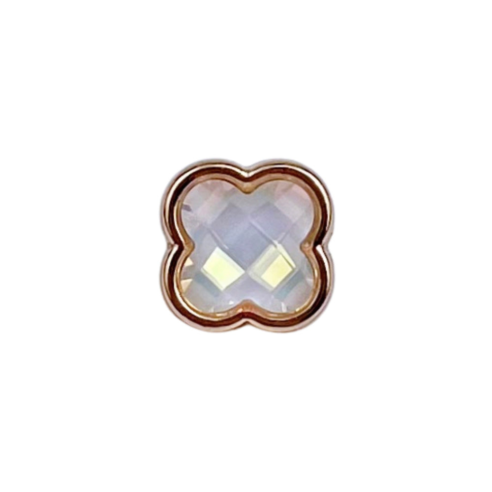 Four-leaf clover metal button, white iridescent stone with gold-tone edges
